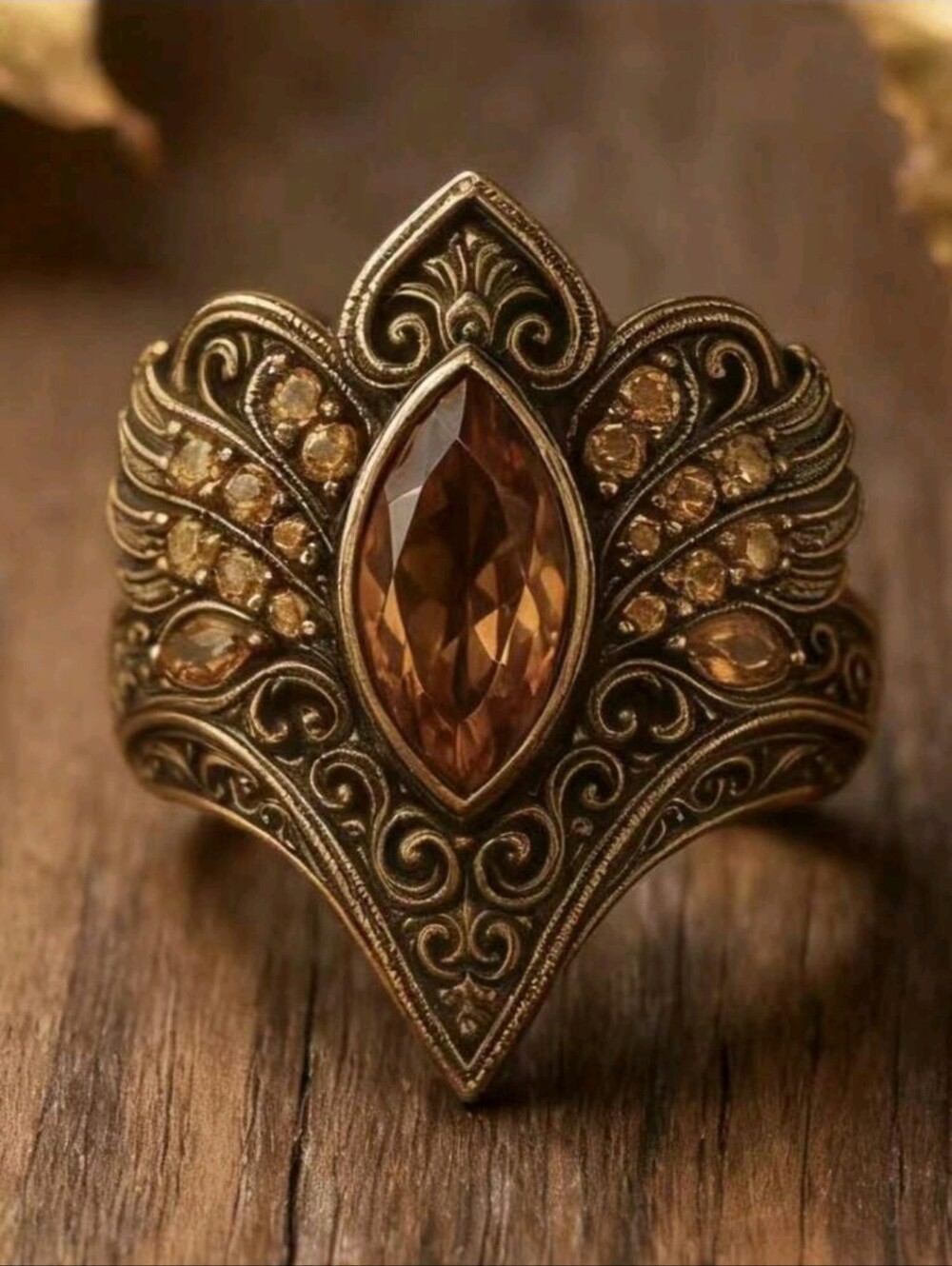 Vintage-Inspired Bronze Ring Amber Marquise Stone Antiqued Victorian Gothic, 6